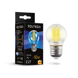 Лампа светодиодная филаментная Voltega E27 5W 3000K шар прозрачный 7202
