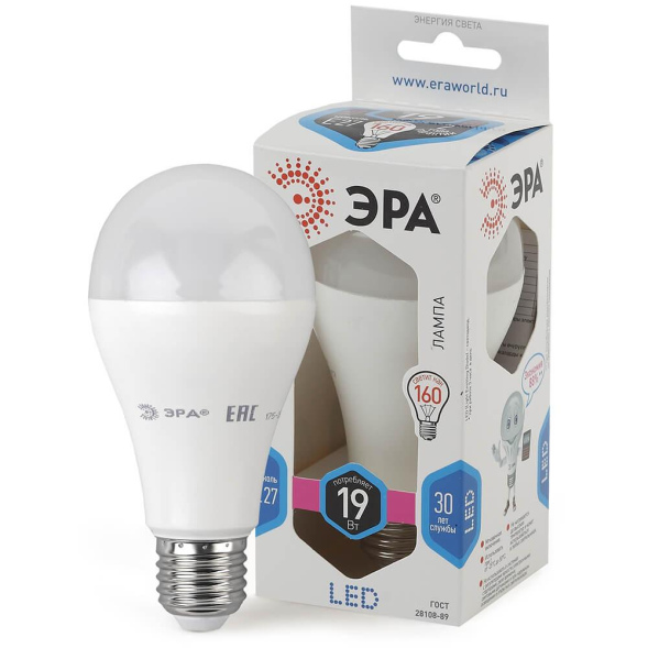Лампа светодиодная Эра E27 19W 4000K LED A65-19W-840-E27 Б0050282