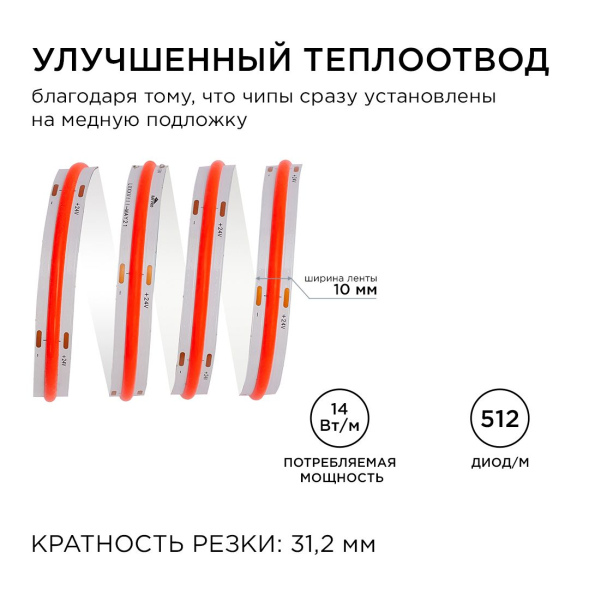 Светодиодная лента Apeyron 3м, 24В, 14Вт/м, COB, 512д/м, IP20 Красный 209ОО
