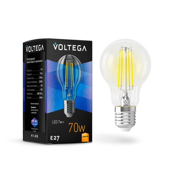 Лампа светодиодная Voltega E27 7W 2800K груша прозрачная VG10-A60E27warm7W-F 7140